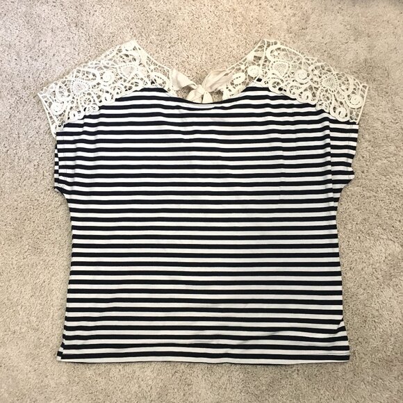 Whimsigoth Black & White Stripe and Crochet Lace Shoulder Tie Back Top - Picture 9 of 13